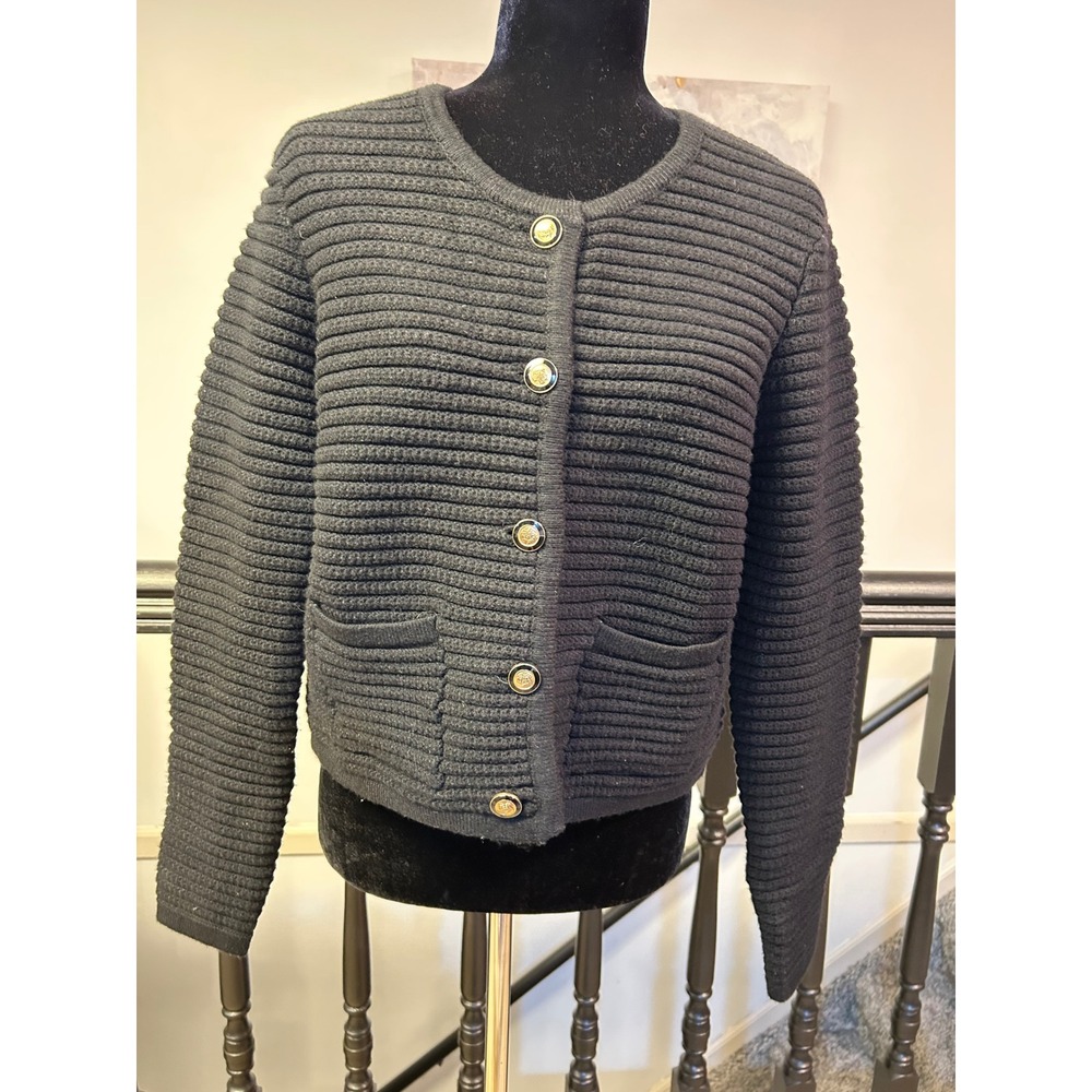 Joie Black Ribbed Knit Cropped Cardigan Gold Crest Button Sweater XL